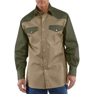 Carhartt Ironwood Snap Front Twill Work Shirt   Khaki/Moss, Large Tall, Model