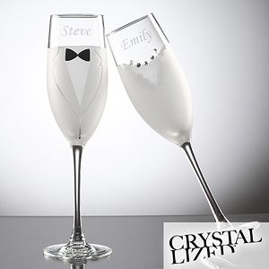 Bride & Groom Swarovski Champaign Flute Set   Tuxedo & Wedding Dress
