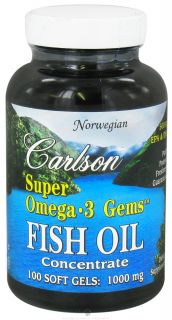 Carlson Labs   Norwegian Super Omega 3 Gems Fish Oil Concentrate 1000 mg.   100 Softgels LUCKY PRICE