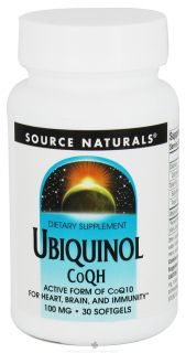 Source Naturals   Ubiquinol CoQH Active Form Of CoQ10 For Heart Brain & Immunity 100 mg.   30 Softgels