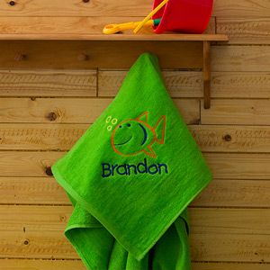 Kids Personalized Green Embroidered Beach Towels   Go Fish