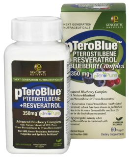 Genceutic Naturals   pTeroBlue Pterostilbene + Resveratrol Blueberry Complex 350 mg.   60 Vegetarian Capsules