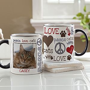 Peace, Love, Cats Personalized Pet Coffee Mug   Black Handle