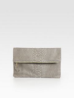 Clare V. Snake Embossed Leather Fold Over Clutch   Taupe