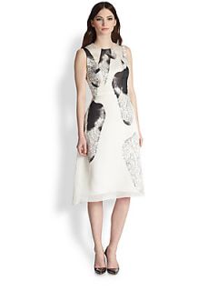HONOR Printed Silk Sheer Back Dress   Ivory