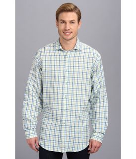 Thomas Dean & Co. Aqua Plaid Linen Button Down L/S Shirt Mens Long Sleeve Button Up (Blue)