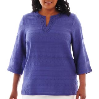 Alfred Dunner St. Tropez 3/4 Sleeve Lace Yoke Tunic Top   Plus, Periwinkle