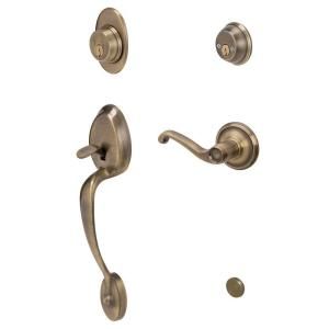 Schlage Plymouth Double Cylinder Antique Brass Right Hand Handleset with Flair Interior Lever F62 PLY 609 FLA RH