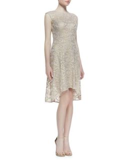 Cap Sleeve Metallic Lace High Low Cocktail Dress, Rose/Gold   Kay Unger New York