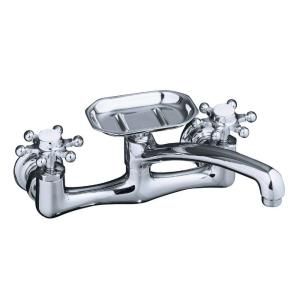 KOHLER Antique 8 in. Wall Mount 2 Handle Low Arc Bathroom Sink Faucet in Polished Chrome with Six Prong Handles K 149 3 CP