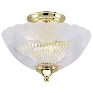 Westinghouse 2 Light Ceiling Fixture Polished Brass Interior Semi Flush Mount with Clear Ribbed and Etched Floral Pattern Glass 6632300
