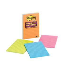 Post It 4 in. x 6 in. Lined Assorted Neon Colors Super Sticky Notes, 1 Pack of 4 Pads 4621 SSAN