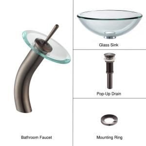 KRAUS 19mm thick Glass Bathroom Sink in Clear with Single Hole 1 Handle Low Arc Waterfall Faucet in Oil Rubbed Bronze C GV 101 19mm 10ORB
