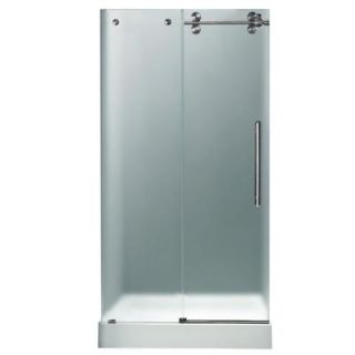 Vigo 60 in. x 80 in. Frameless Pivot Shower Door with Stainless Steel and Frosted Glass and White Base with Center Drain VG6041STMT60RWS
