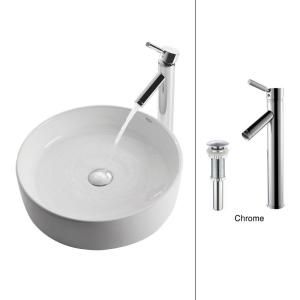 KRAUS Vessel Sink in White with Sheven Faucet in Chrome C KCV 140 1002CH