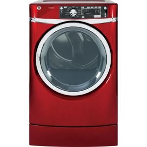 GE 8.3 cu. ft. RightHeight Front Load Gas Dryer with Steam in Ruby Red, Pedestal Included GFDR485GFRR