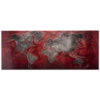 Pewter/ Red Magnetic World Map Wall Art