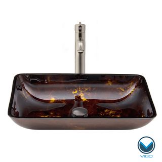 Vigo Rectangular Brown And Gold Fusion Glass Vessel Sink And Brushed Nickel Faucet Set