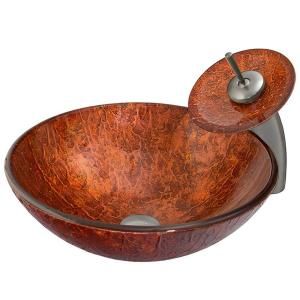 Vigo Glass Vessel Sink in Mahogany Moon and Waterfall Faucet Set in Brushed Nickel VGT022BNRND