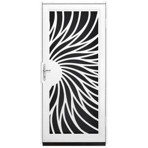 Unique Home Designs Solstice 36 in. x 80 in. White Outswing Security Door with Black Perforated Screen and Polished Brass Hardware IDR31000362156