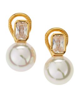 Cubic Zirconia & Round White Pearl Earrings, 10mm