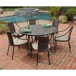 Home Styles Stone Harbor 51 in. Round 7 Piece Slate Tile Top Patio Dining Set with Laguna Chairs 5601 368022