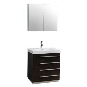 Virtu USA Bailey 29 1/10 in. Single Basin Vanity in Wenge with Poly Marble Vanity Top in White and Medicine Cabinet Mirror JS 50530 WG