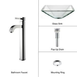 KRAUS Glass Bathroom Sink in Clear Aquamarine with Single Hole 1 Handle Low Arc Ramus Faucet in Chrome C GVS 901 19mm 1007CH