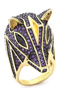 King Ice Gold Purple CZ Egyptian Anubis Sterling Silver Ring