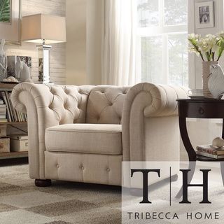 Tribecca Home Knightsbridge Beige Linen Tufted Scroll Arm Chesterfield Chair
