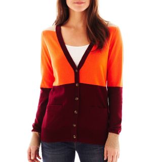Front Pocket Colorblock Cardigan, Orange, Womens