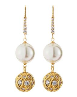 White Pearl and CZ Cage Earrings, Golden
