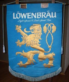 Vintage 1977 LOWENBRAU Silk Banners   Teal Blue Silk with gold raised Lion   White lettering Light Special & Dark Special Beer. Light blue and white fringe, hanging dowel in place. 20" x 30" including fringe. 25" x 30" including gol