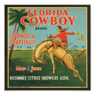 KRW Vintage Florida Cowboy Citrus Fruit Label Poster