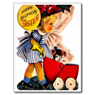 Little Girl and Bear   Retro Sister Happy Birthday Post Cards