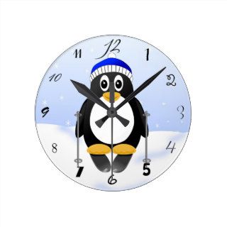 Cute Little Cartoon Skiing Penguin Clocks