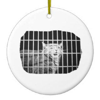 Cat behind bars with mouth open mean kitty christmas tree ornament