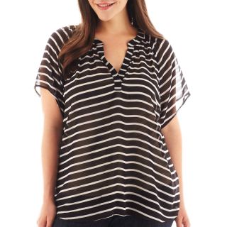A.N.A Short Sleeve Smocked Neck Peasant Top   Plus, Black/White