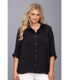 MICHAEL Michael Kors Plus Size High Low Button Down Shirt Womens Long Sleeve Button Up (Navy)