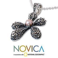 Sterling Silver 'Petal' Pearl and Marcasite Necklace (4 mm) (Thailand) Novica Necklaces
