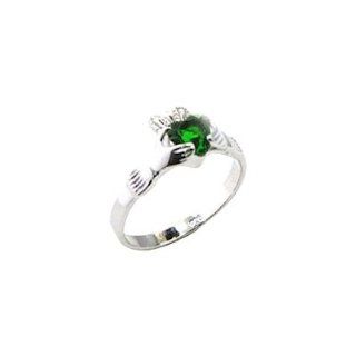 Sterling Silver Irish Claddagh Ring, Green Emerald Cubic Zirconia Stone   6 Jewelry