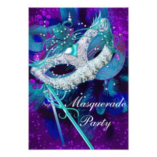 Masquerade Ball Party Teal Blue Purple Masks Custom Announcements