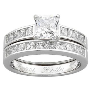 Sterling Silver Cubic Zirconia 2 piece Square Engraved Wedding Ring Set   5