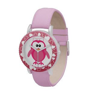 Cute Pink Vector Owl with Ribbon Wrist Watches