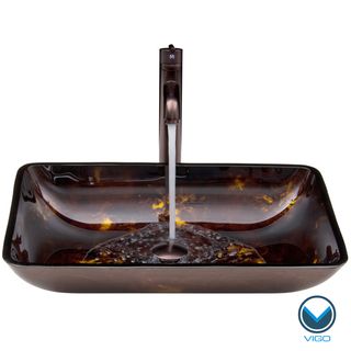 Vigo Rectangular Brown And Gold Fusion Glass Vessel Sink And Faucet Set In Oil Rubbed Brozne