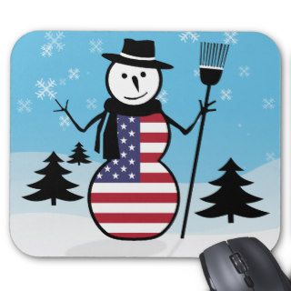 Cartoon Snowman in Field of Snow in US Flag Mousepad