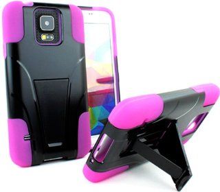 myLife (TM) Dark Black and Bright Pink   Neo Hybrid Series (Built In Kickstand) 2 Piece + 2 Layer Case for NEW Galaxy S5 (5G) Smartphone by Samsung (External Hard Fit Armor With Built in Kick Stand + Internal Soft Silicone Rubberized Flex Gel Bumper Guard 