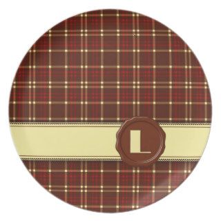 Chocolate Shop Monogram  Red Brown Plaid   L Party Plate
