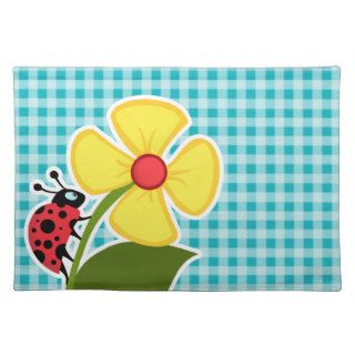 Ladybug and Flower on Blue Green Gingham Placemat