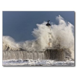 Waves Crashing Up Against A Lighthouse Post Card